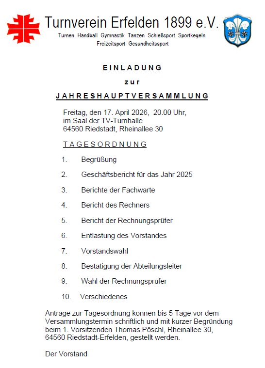 Einladung zur Jahreshauptversammlung am 17. April 2026 in der TV Halle 